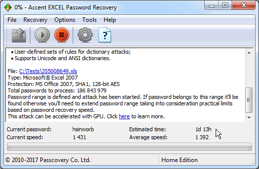 Accent EXCEL Password Recovery