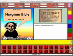 hangman, bible, religion, educational software, games, spelling, non-violent, sunday schools