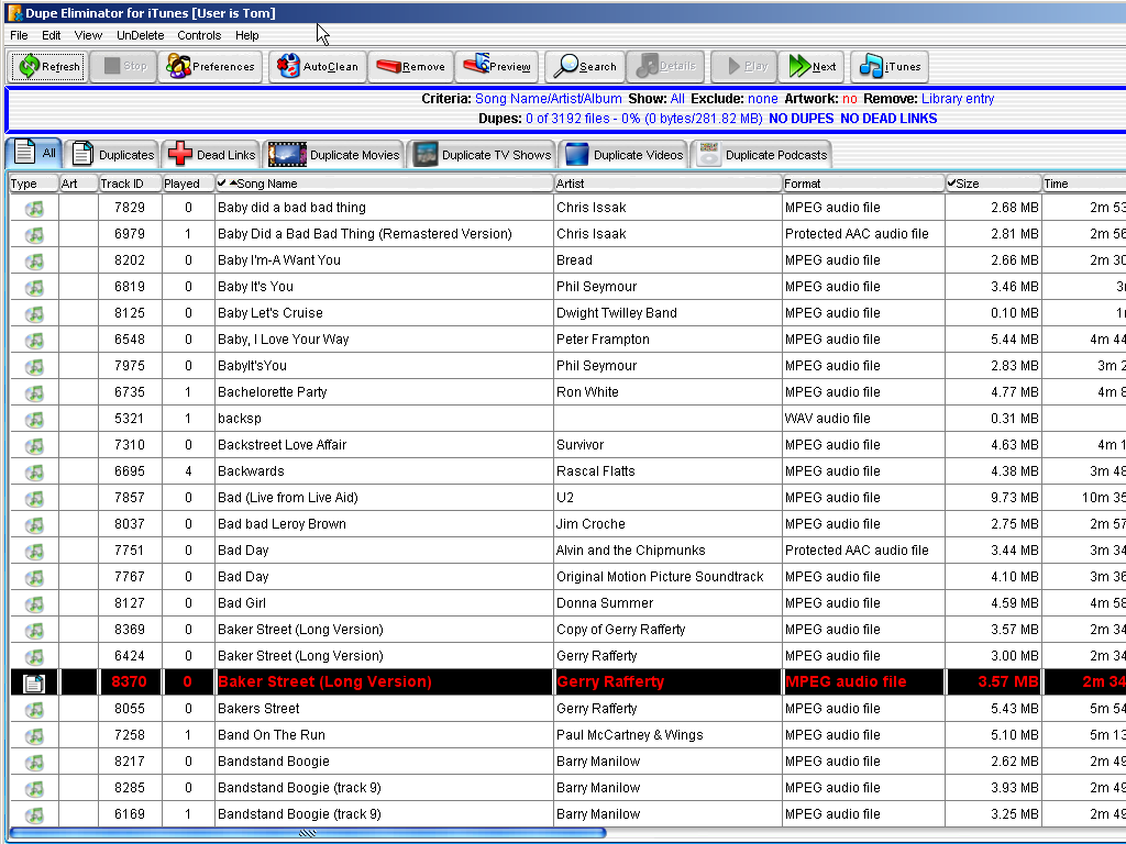 Remove duplicates iTunes music manager dupe eliminator dead links podcasts
