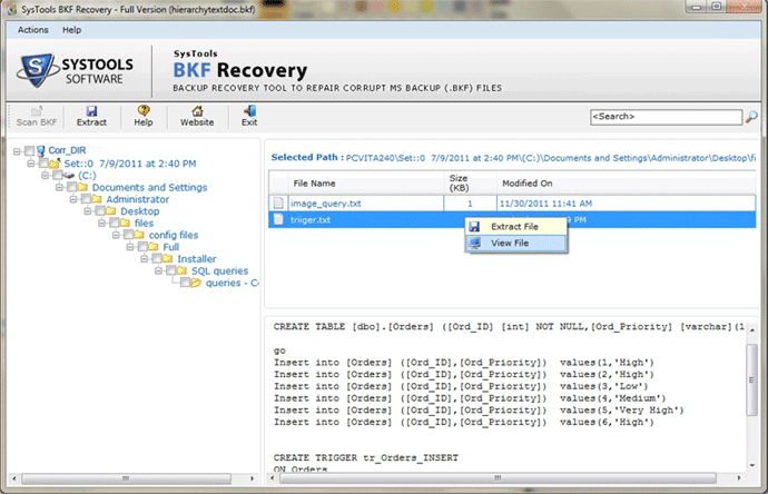 Open BKF in VISTA
