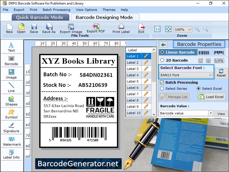 Book barcode stickers generator, produces barcode tags for library, creates versatile book barcode tags, generates library barcode labels, book publishing labels creator utility, library barcode tags maker tool, business barcode making software