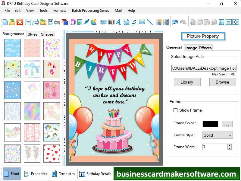 Download, birthday, card, maker, software, generates, attractive, rounded, rectangular, ellipse, shaped, sizes, dimensions, Bday, greetings, creates, Wordart, text, style, objects, line, picture, pencil, arc, triangle, star, barcode, font,  color