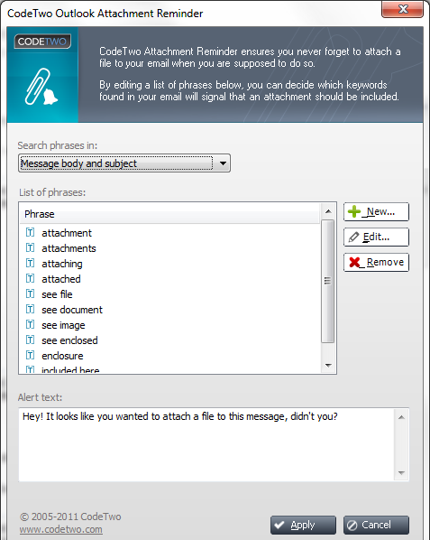 CodeTwo Outlook Attachment Reminder