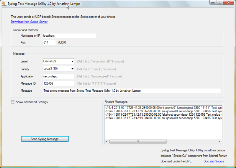 Syslog Test Message Utility