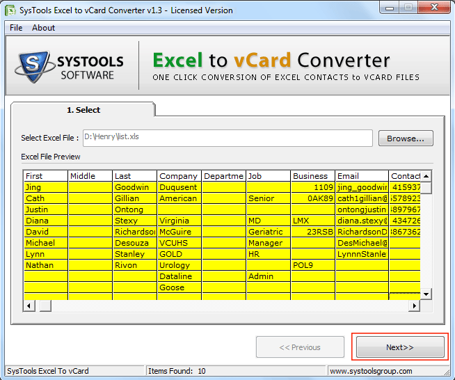 Excel to vCard conversion tool
