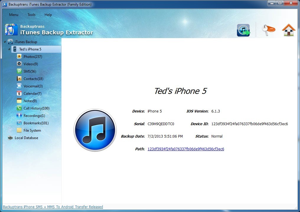 Backuptrans iTunes Backup Extractor