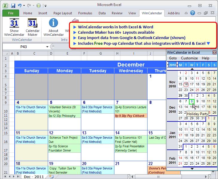 WinCalendar for Windows, Word and Excel