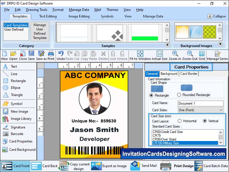 ID, card, designing, software, create, print, colorful, text, line, ellipse, picture, rectangle, color, font, background, settings, build, construct, utility, make, produce, develop, application, generate, size, shape, sequential, random, series