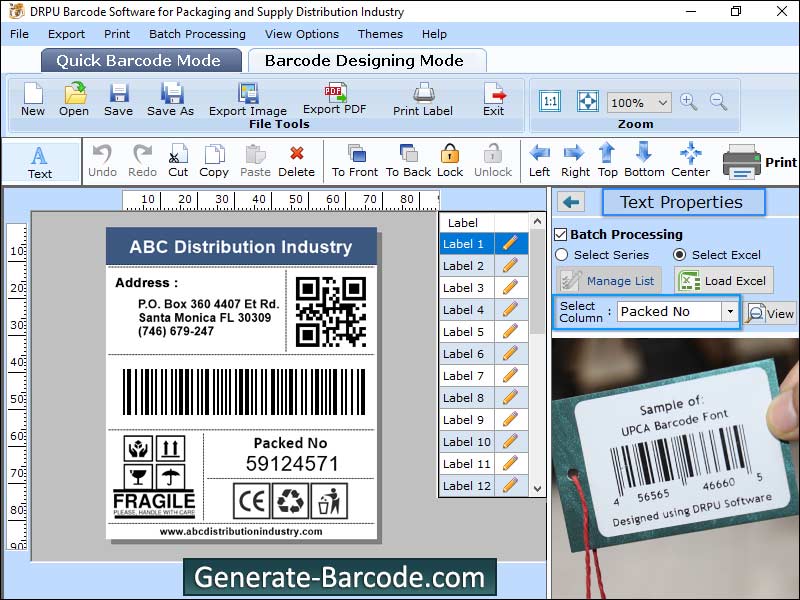 Generate, packaging, barcode, application, design, print, colorful, stickers, labels, coupons, tags, linear, 2D, font, image, creator, objects, ellipse, line, circle, pencil, text, shipping, distribution, industries, sequential, constant, series