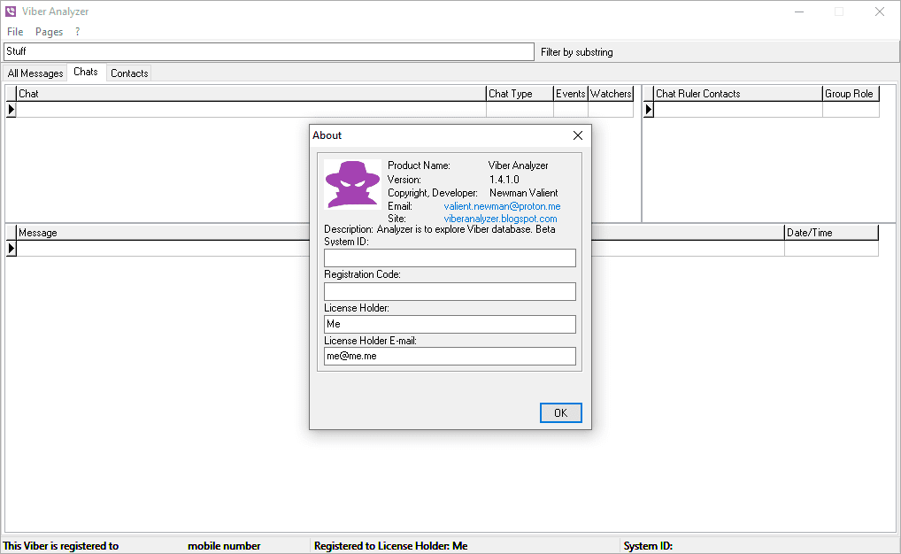 Viber Analyzer, analyzer, Viber, criminology, infringement, private, database, Chats,  instant messenger, SQLite