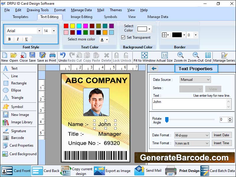 Generate, ID, card, designing, software, create, employee, picture, photo, colorful, image, designing, objects, circle, barcode, ellipse, triangle, rectangle, shape, style, size, fold, gradient, values, develop, student, faculty, text, templates