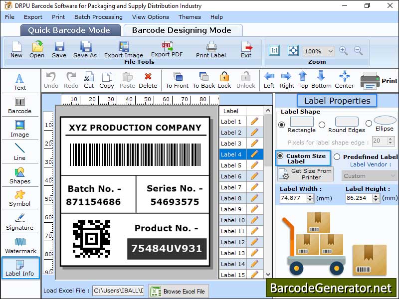 Barcode maker software, packaging barcode label maker application, linear barcode label designer program, 2D font barcode label creator software, designs bulk barcode stickers, packaging supply barcode designer tool